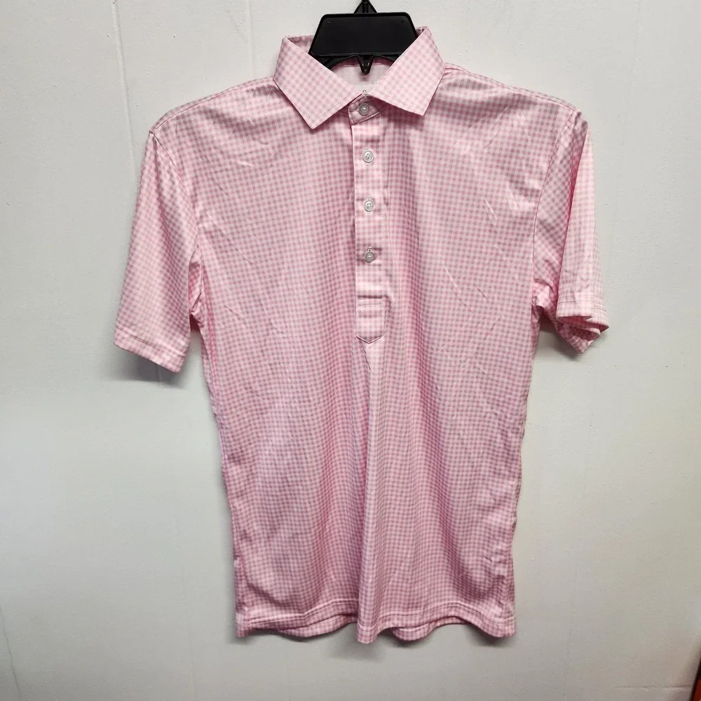 Collars &‎ Co. Polo Shirt Mens Small Pink White Dress Collar Gingham Check Golf
